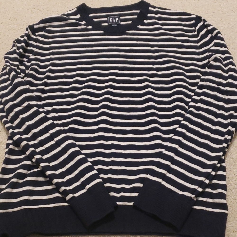 GAP Men's Striped Crewneck Sweater - Dark Blue and White